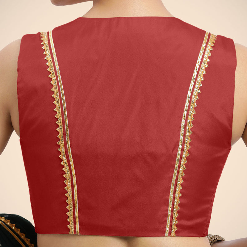 Veena x Tyohaar | Crimson Red Sleeveless FlexiFit™ Saree Blouse with Front Open Closed Neckline with Slit and Golden Gota Lace-Binks