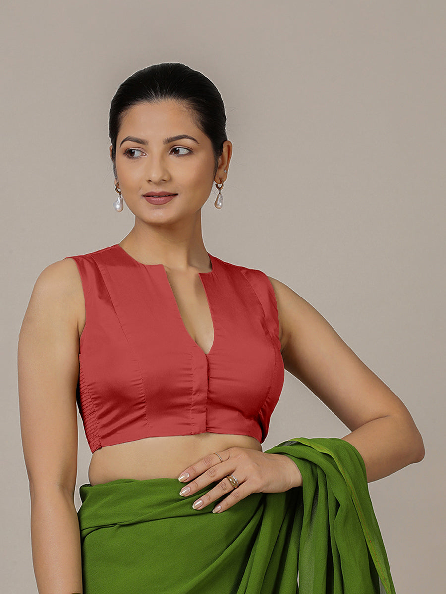Veena x Rozaana Saree Blouse, in Red Vegan Silk, featuring sleeveless and curved v-neckline, made for party & festive (view 4).