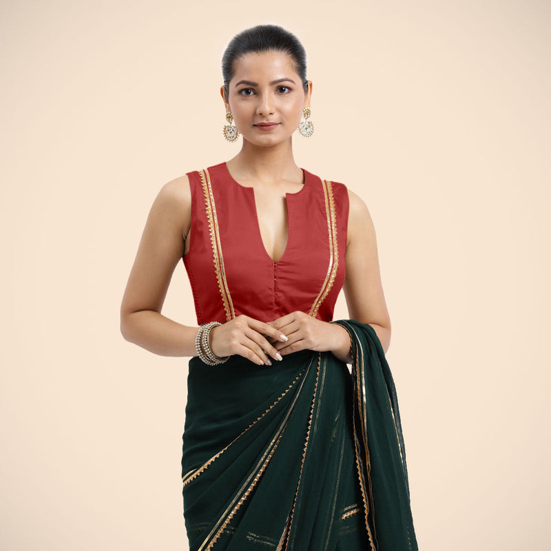 Veena x Tyohaar | Crimson Red Sleeveless FlexiFit™ Saree Blouse with Front Open Closed Neckline with Slit and Golden Gota Lace-Binks