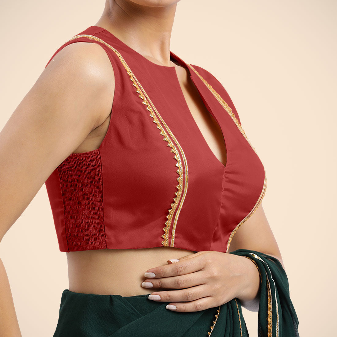 Veena x Tyohaar Saree Blouse, in Red Vegan Silk, featuring sleeveless and curved v-neckline, made for party & festive (view 6).