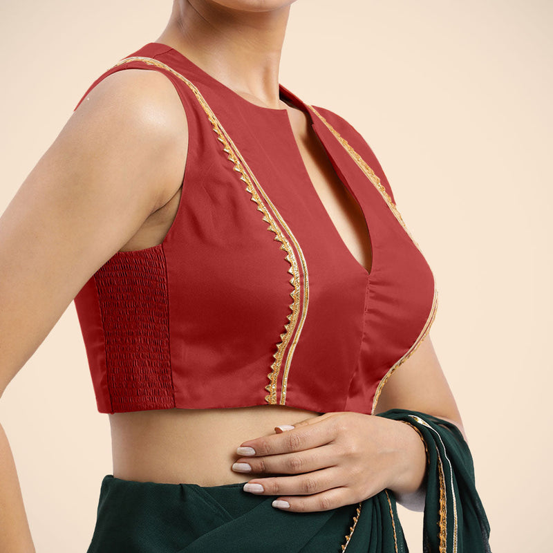 Veena x Tyohaar | Crimson Red Sleeveless FlexiFit™ Saree Blouse with Front Open Closed Neckline with Slit and Golden Gota Lace-Binks