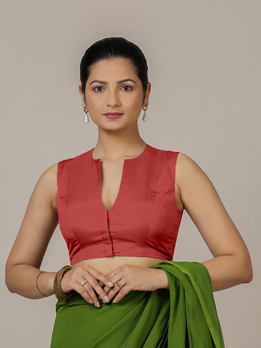 Veena x Rozaana Saree Blouse, in Red Vegan Silk, featuring sleeveless and curved v-neckline, made for party & festive (view 7).