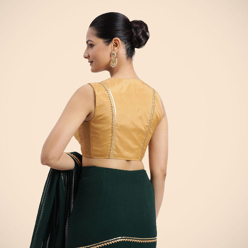 Veena x Tyohaar | Gold Sleeveless FlexiFit™ Saree Blouse with Front Open Closed Neckline with Slit and Golden Gota Lace-Binks