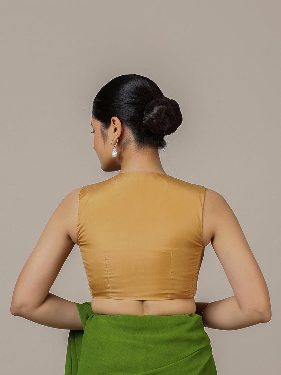 Veena x Rozaana Saree Blouse, in Gold Vegan Silk, featuring sleeveless and curved v-neckline, made for party & festive (view 2).