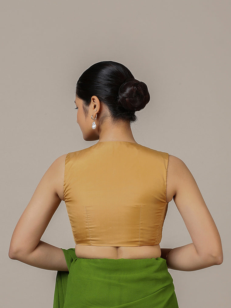 Veena x Rozaana Saree Blouse, in Gold Vegan Silk, featuring sleeveless and curved v-neckline, made for party & festive (view 2).