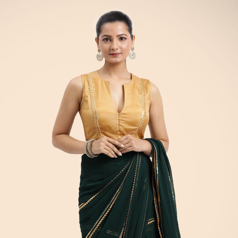 Veena x Tyohaar Saree Blouse, in Gold Vegan Silk, featuring sleeveless and curved v-neckline, made for party & festive (view 3).