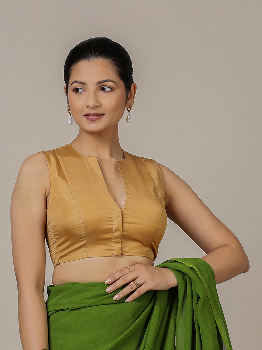 Veena x Rozaana Saree Blouse, in Gold Vegan Silk, featuring sleeveless and curved v-neckline, made for party & festive (view 4).