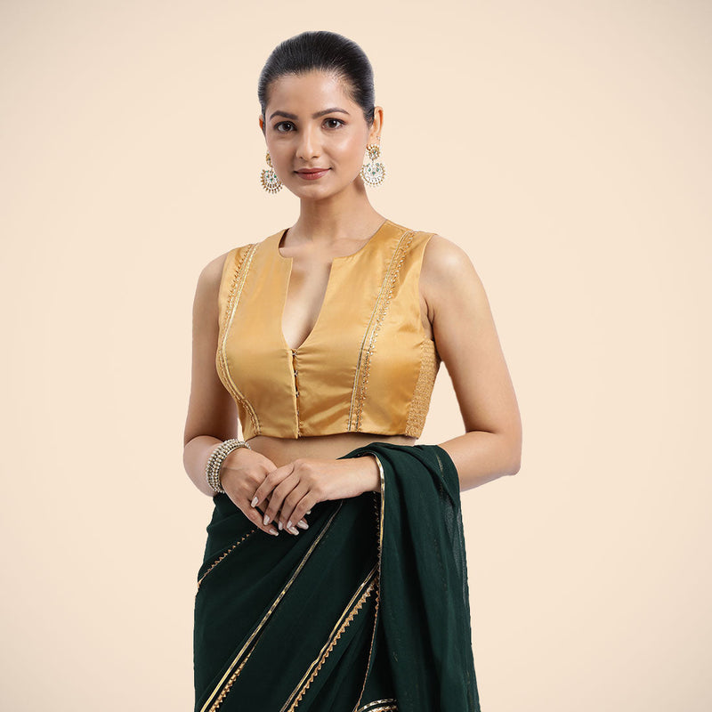 Veena x Tyohaar | Gold Sleeveless FlexiFit™ Saree Blouse with Front Open Closed Neckline with Slit and Golden Gota Lace-Binks
