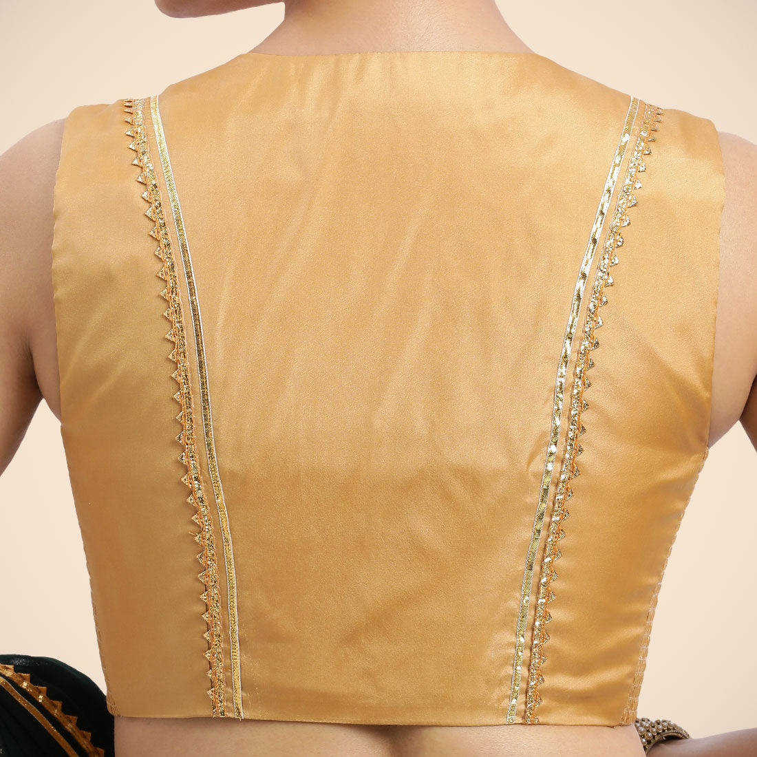 Veena x Tyohaar Saree Blouse, in Gold Vegan Silk, featuring sleeveless and curved v-neckline, made for party & festive (view 6).