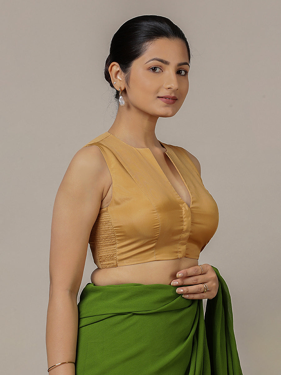 Veena x Rozaana Saree Blouse, in Gold Vegan Silk, featuring sleeveless and curved v-neckline, made for party & festive (view 6).