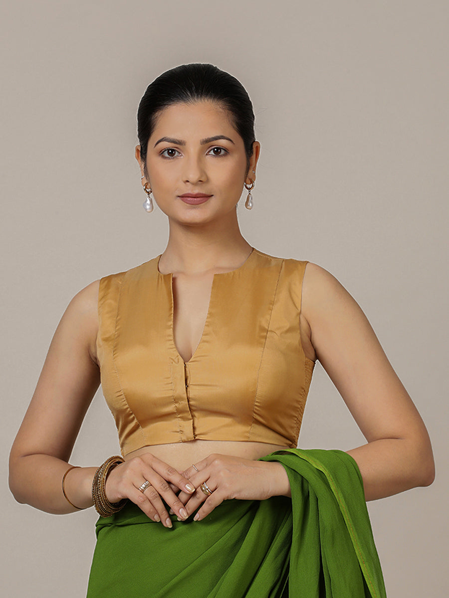 Veena x Rozaana Saree Blouse, in Gold Vegan Silk, featuring sleeveless and curved v-neckline, made for party & festive (view 7).