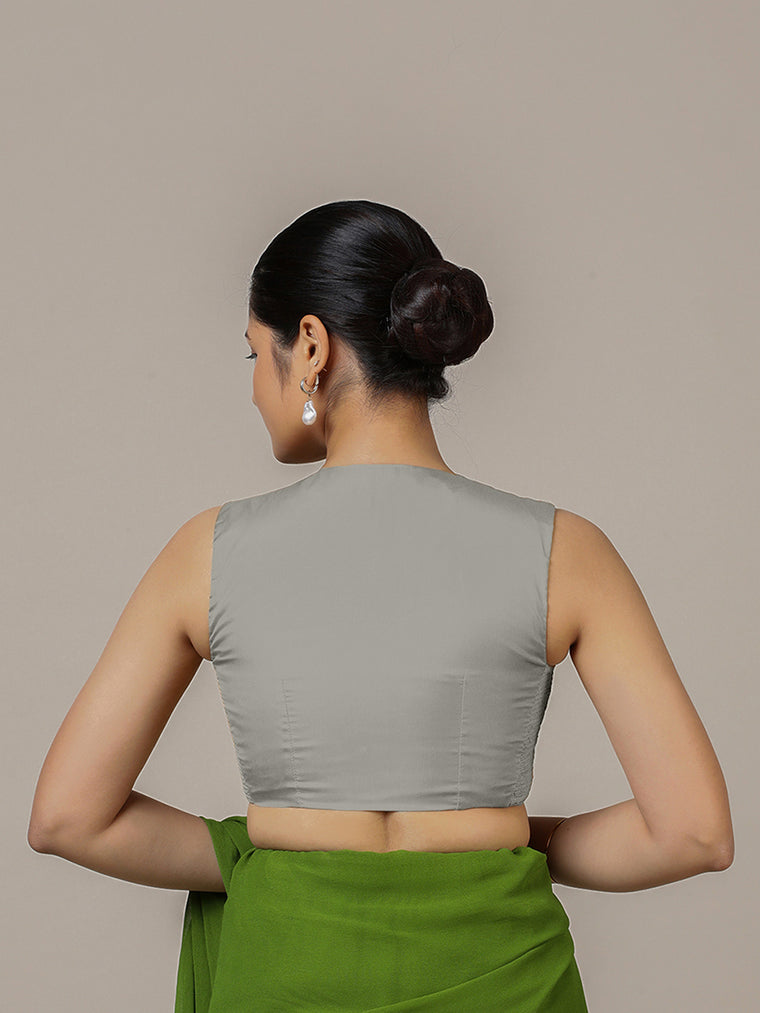 Veena x Rozaana Saree Blouse, in Grey Vegan Silk, featuring sleeveless and curved v-neckline, made for party & festive (view 2).
