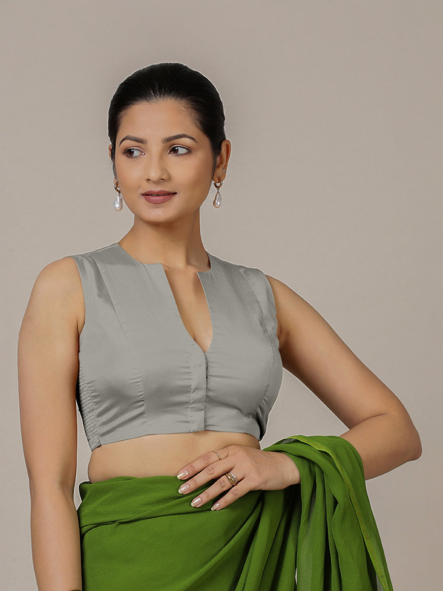 Veena x Rozaana Saree Blouse, in Grey Vegan Silk, featuring sleeveless and curved v-neckline, made for party & festive (view 4).
