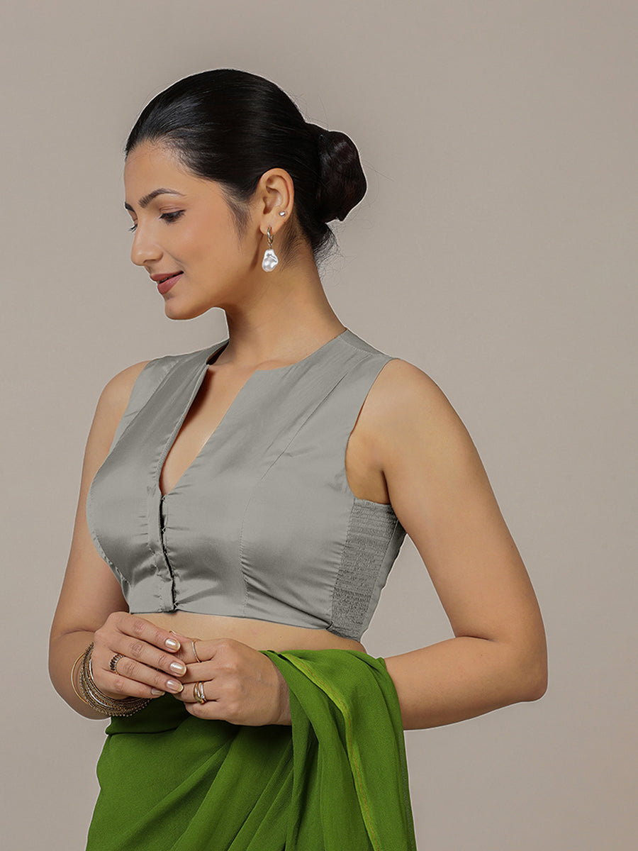 Veena x Rozaana Saree Blouse, in Grey Vegan Silk, featuring sleeveless and curved v-neckline, made for party & festive (view 6).