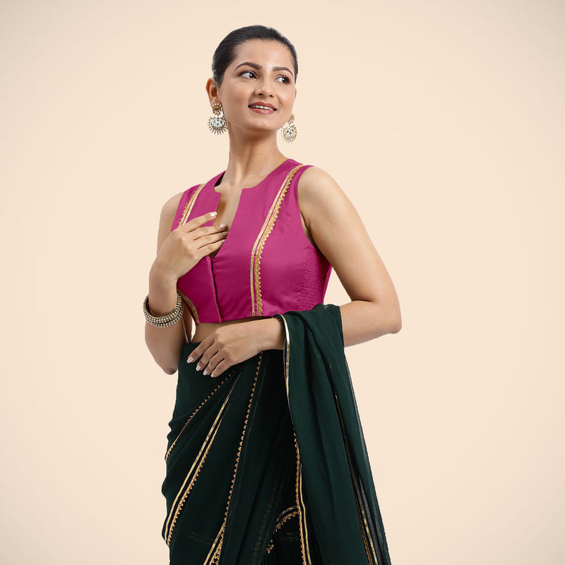 Veena x Tyohaar | Sleeveless Hot Pink FlexiFit™ Gota Embellished Saree Blouse with Curved V-Neck-Binks
