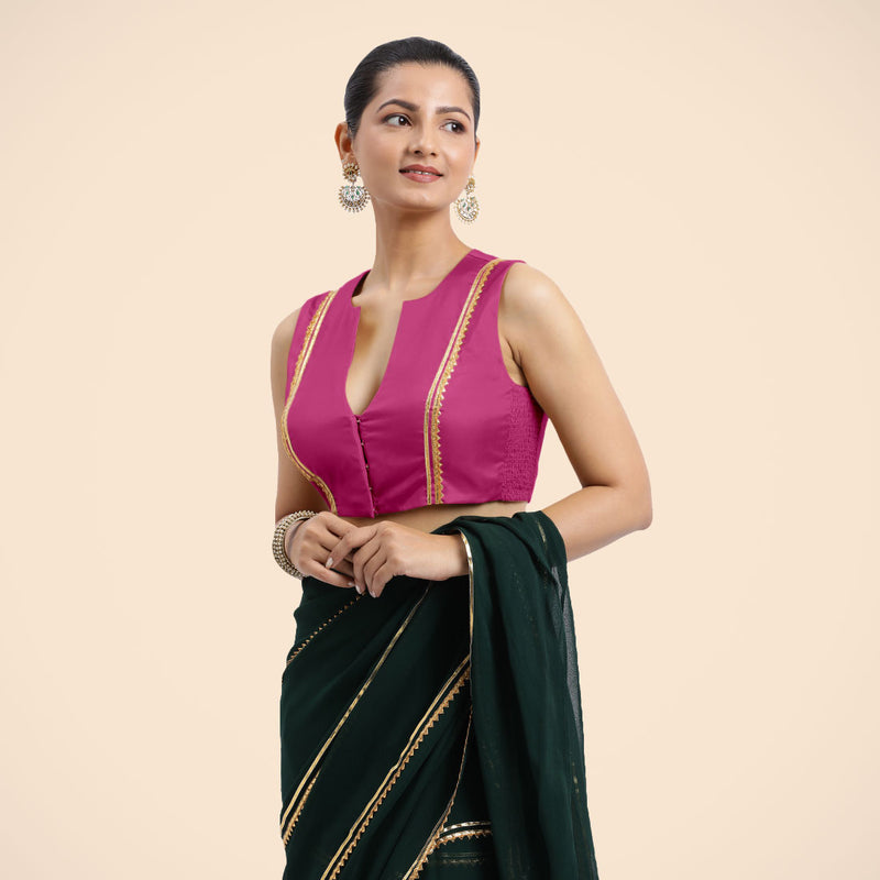 Veena x Tyohaar | Sleeveless Hot Pink FlexiFit™ Gota Embellished Saree Blouse with Curved V-Neck-Binks