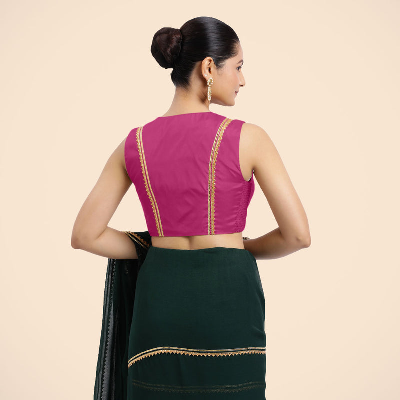 Veena x Tyohaar | Sleeveless Hot Pink FlexiFit™ Gota Embellished Saree Blouse with Curved V-Neck-Binks