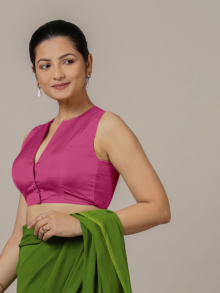 Veena x Rozaana Saree Blouse, in Pink Artificial Silk, featuring sleeveless and curved v-neckline, made for party & festive.