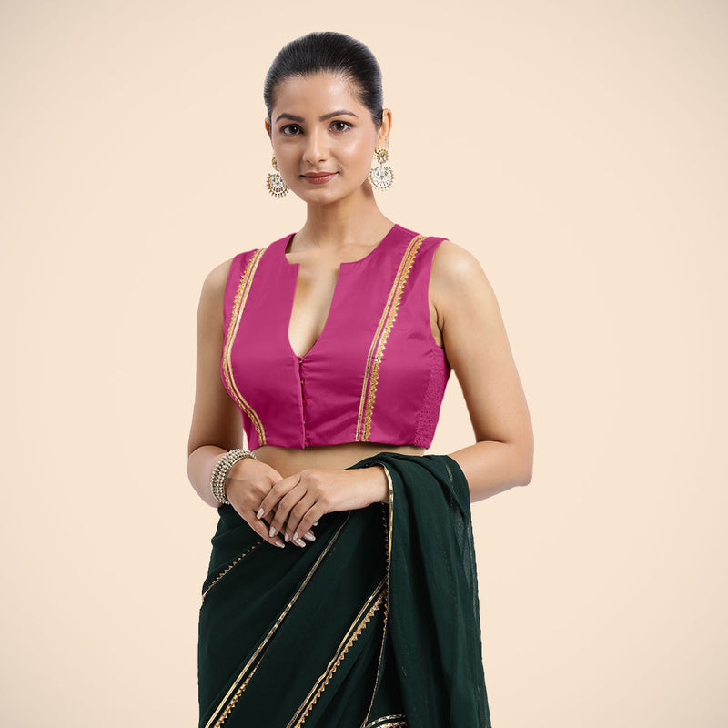 Veena x Tyohaar | Sleeveless Hot Pink FlexiFit™ Gota Embellished Saree Blouse with Curved V-Neck-Binks