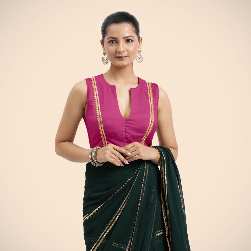 Veena x Tyohaar | Sleeveless Hot Pink FlexiFit™ Gota Embellished Saree Blouse with Curved V-Neck-Binks