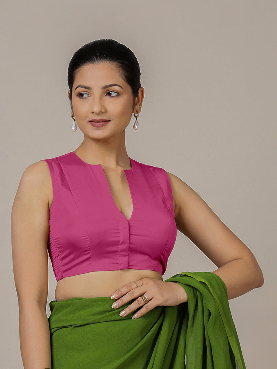 Veena x Rozaana Saree Blouse, in Pink Artificial Silk, featuring sleeveless and curved v-neckline, made for party & festive.