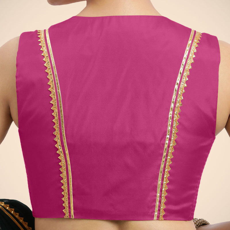 Veena x Tyohaar | Sleeveless Hot Pink FlexiFit™ Gota Embellished Saree Blouse with Curved V-Neck-Binks