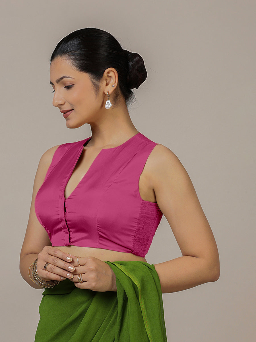 Veena x Rozaana Saree Blouse, in Pink Artificial Silk, featuring sleeveless and curved v-neckline, made for party & festive.