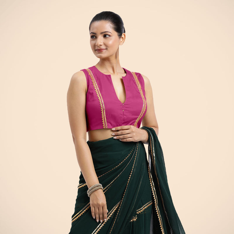 Veena x Tyohaar | Sleeveless Hot Pink FlexiFit™ Gota Embellished Saree Blouse with Curved V-Neck-Binks