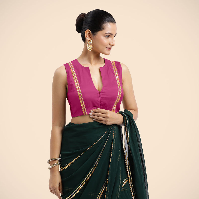 Veena x Tyohaar | Sleeveless Hot Pink FlexiFit™ Gota Embellished Saree Blouse with Curved V-Neck-Binks