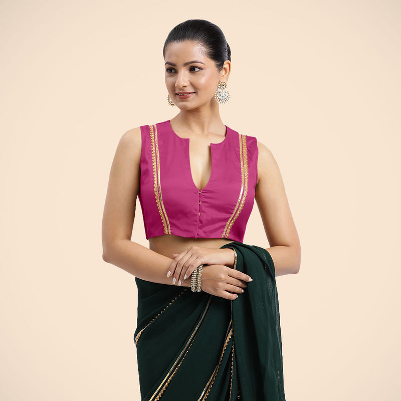 Veena x Tyohaar | Sleeveless Hot Pink FlexiFit™ Gota Embellished Saree Blouse with Curved V-Neck-Binks