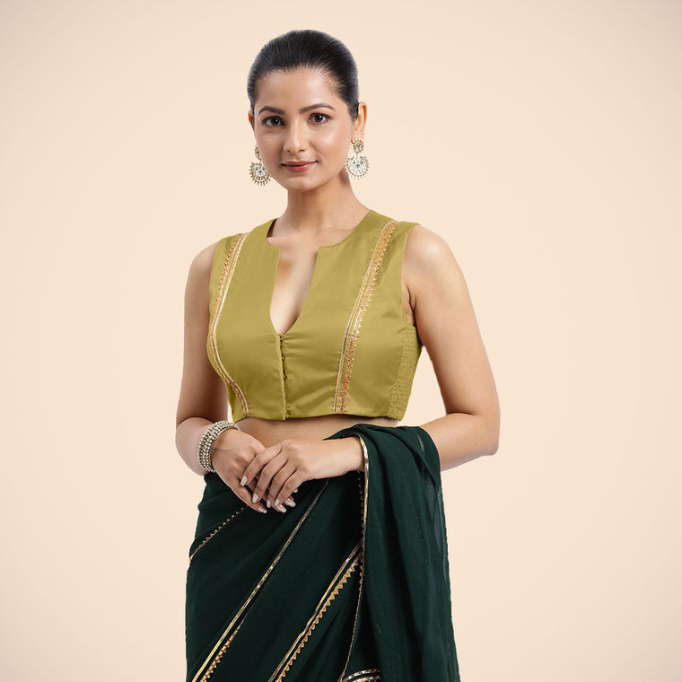 Veena x Tyohaar Saree Blouse, in Yellow Vegan Silk, featuring sleeveless and curved v-neckline, made for party & festive.