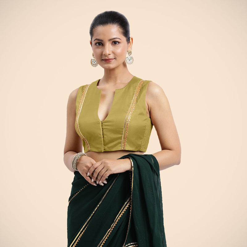 Veena x Tyohaar | Lemon Yellow Sleeveless FlexiFit™ Saree Blouse with Front Open Closed Neckline with Slit and Golden Gota Lace-Binks