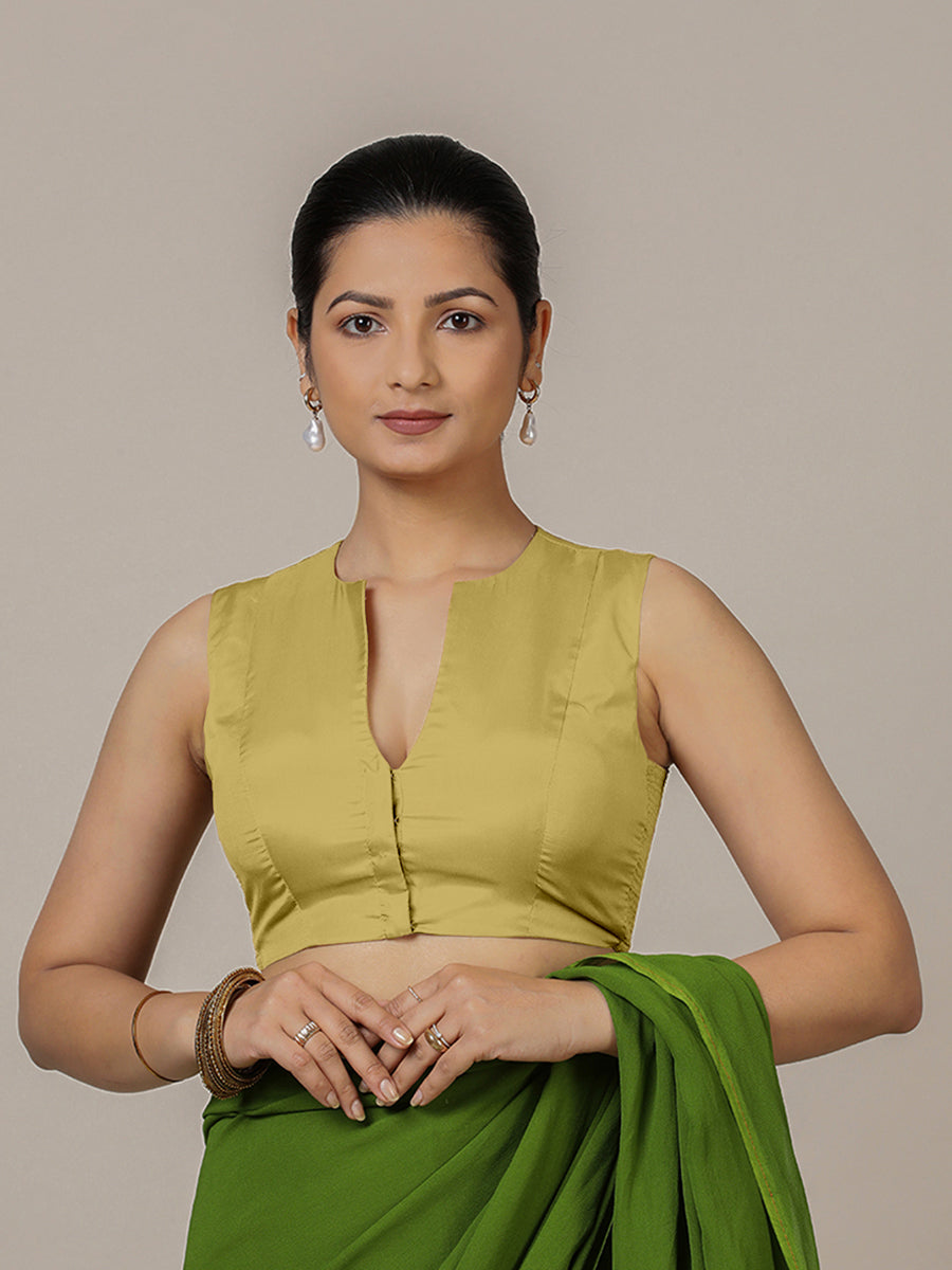 Veena x Rozaana Saree Blouse, in Yellow Vegan Silk, featuring sleeveless and curved v-neckline, made for party & festive.