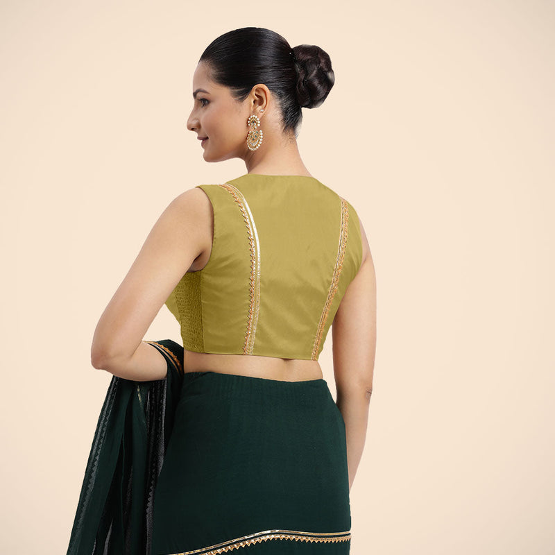 Veena x Tyohaar | Lemon Yellow Sleeveless FlexiFit™ Saree Blouse with Front Open Closed Neckline with Slit and Golden Gota Lace-Binks