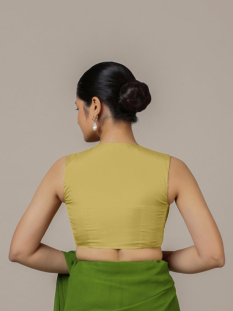 Veena x Rozaana Saree Blouse, in Yellow Vegan Silk, featuring sleeveless and curved v-neckline, made for party & festive.