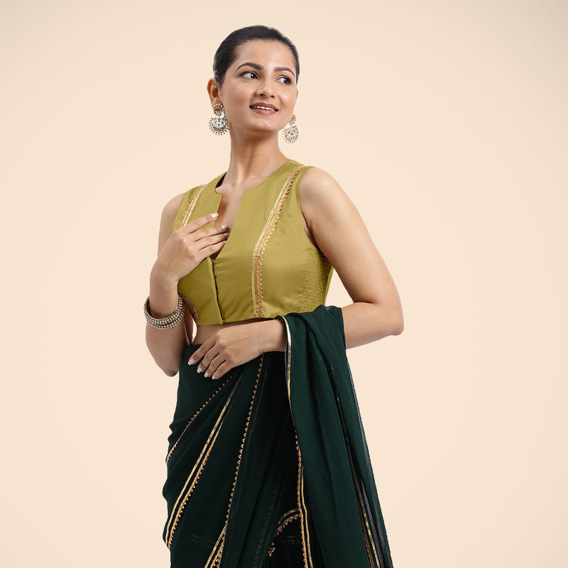 Veena x Tyohaar | Lemon Yellow Sleeveless FlexiFit™ Saree Blouse with Front Open Closed Neckline with Slit and Golden Gota Lace-Binks