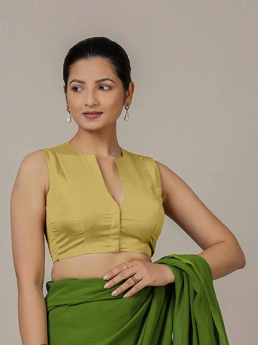 Veena x Rozaana Saree Blouse, in Yellow Vegan Silk, featuring sleeveless and curved v-neckline, made for party & festive.