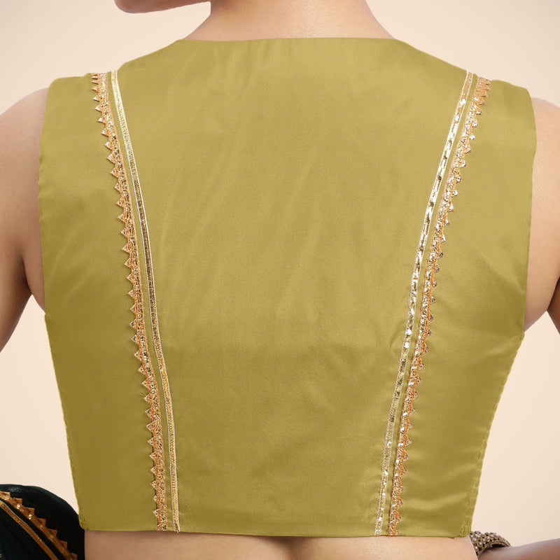 Veena x Tyohaar | Lemon Yellow Sleeveless FlexiFit™ Saree Blouse with Front Open Closed Neckline with Slit and Golden Gota Lace-Binks