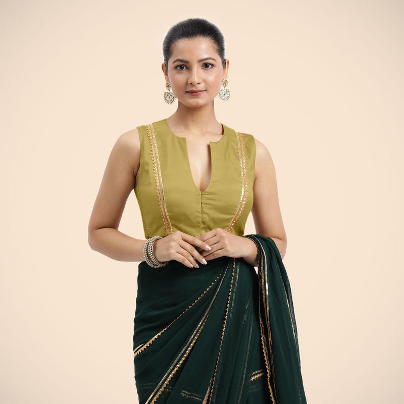 Veena x Tyohaar | Lemon Yellow Sleeveless FlexiFit™ Saree Blouse with Front Open Closed Neckline with Slit and Golden Gota Lace-Binks