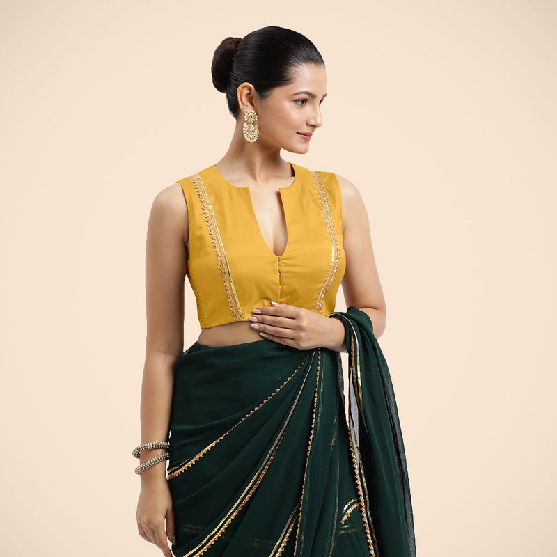Veena x Tyohaar | Sleeveless Marigold Yellow FlexiFit™ Gota Embellished Saree Blouse with Curved V-Neck-Binks