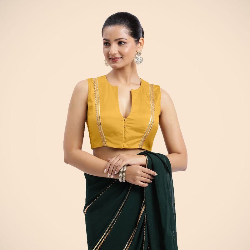 Veena x Tyohaar | Sleeveless Marigold Yellow FlexiFit™ Gota Embellished Saree Blouse with Curved V-Neck-Binks