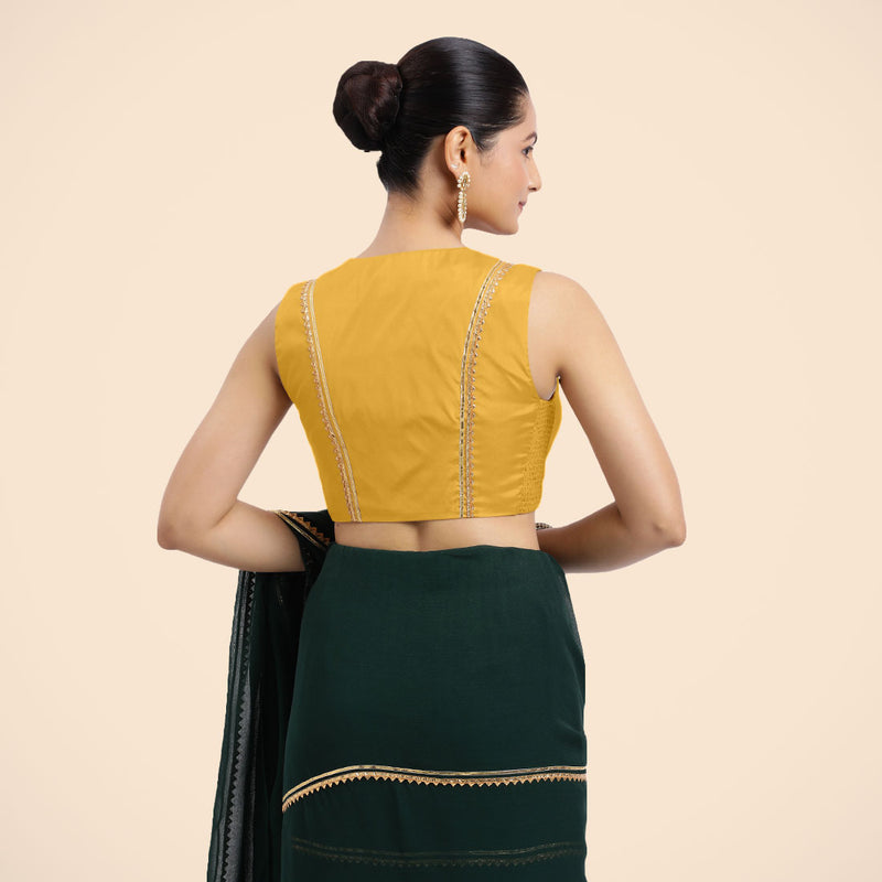 Veena x Tyohaar | Sleeveless Marigold Yellow FlexiFit™ Gota Embellished Saree Blouse with Curved V-Neck-Binks