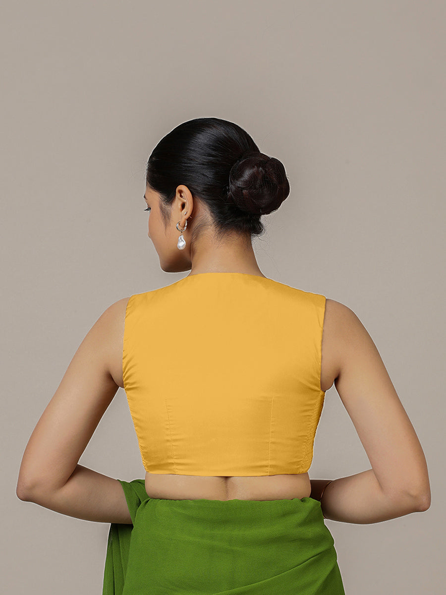 Veena x Rozaana Saree Blouse, in Yellow Artificial Silk, featuring sleeveless and curved v-neckline (view 2).