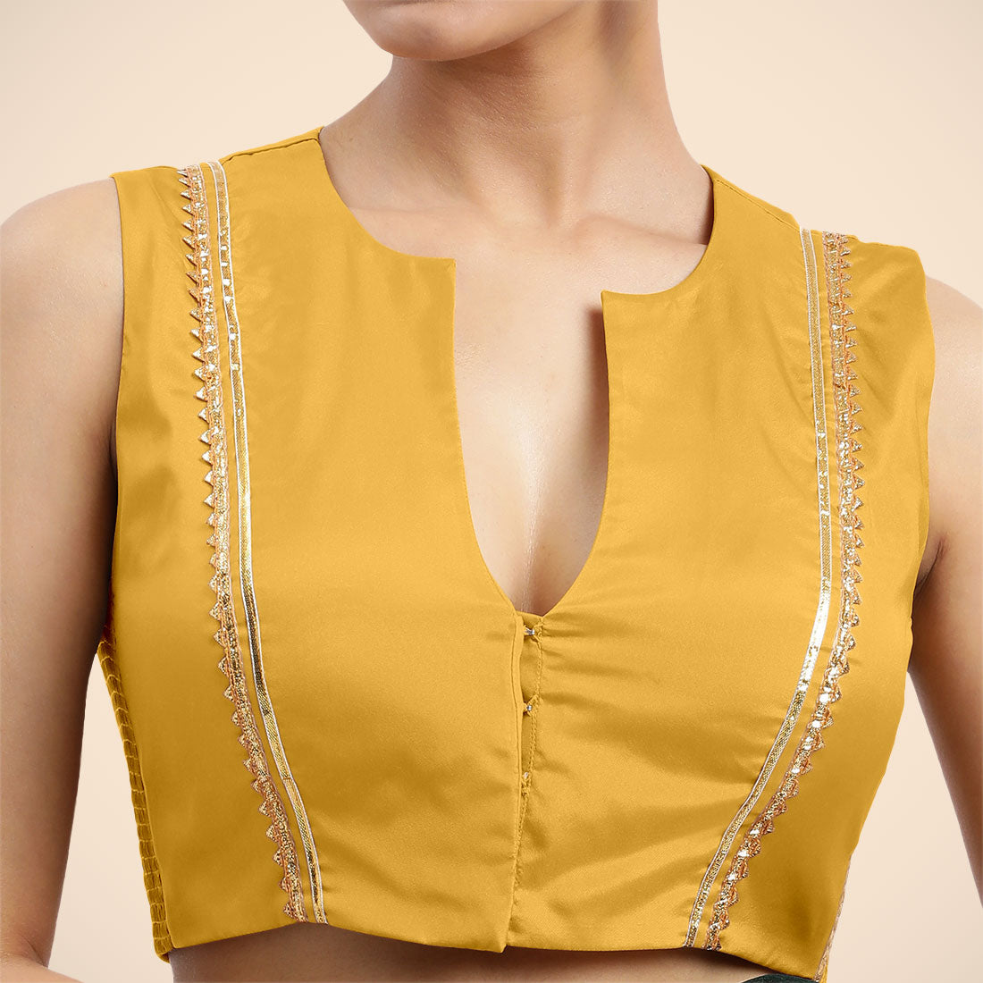 Veena x Tyohaar Saree Blouse, in Yellow Vegan Silk, featuring sleeveless and curved v-neckline, made for party & festive.
