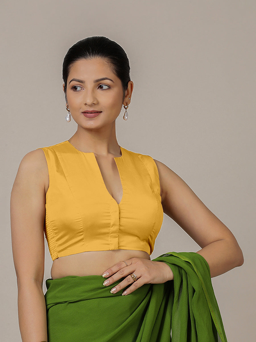 Veena x Rozaana Saree Blouse, in Yellow Artificial Silk, featuring sleeveless and curved v-neckline (view 4).