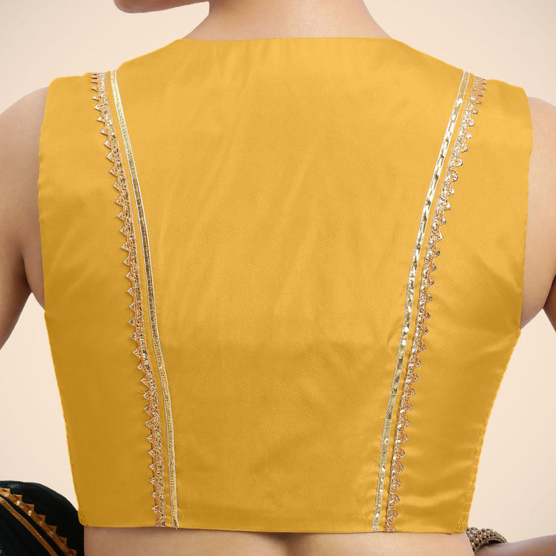 Veena x Tyohaar | Sleeveless Marigold Yellow FlexiFit™ Gota Embellished Saree Blouse with Curved V-Neck-Binks