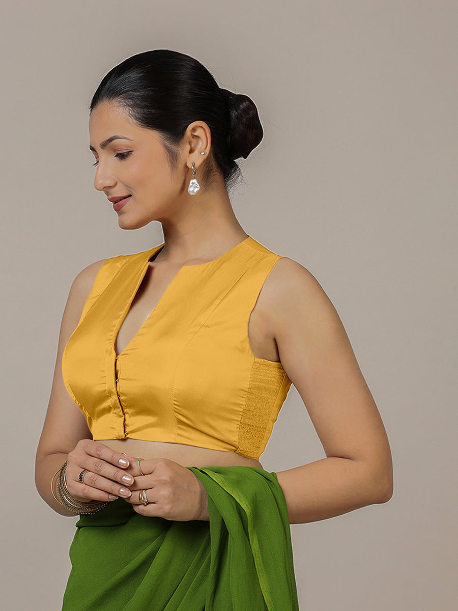 Veena x Rozaana Saree Blouse, in Yellow Artificial Silk, featuring sleeveless and curved v-neckline (view 6).