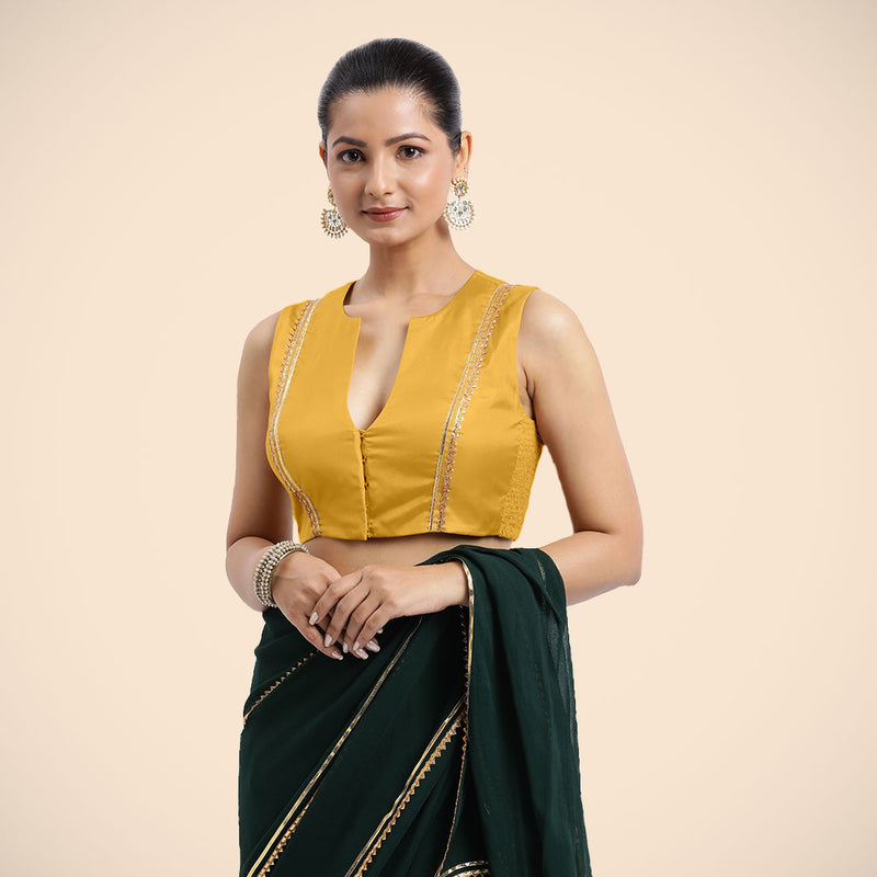 Veena x Tyohaar | Sleeveless Marigold Yellow FlexiFit™ Gota Embellished Saree Blouse with Curved V-Neck-Binks
