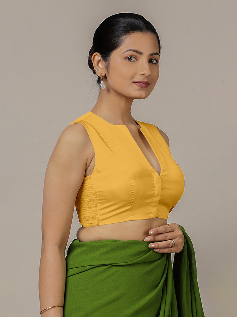 Veena x Rozaana | Sleeveless Marigold Yellow FlexiFit™ Saree Blouse with Curved V-Neck-Binks