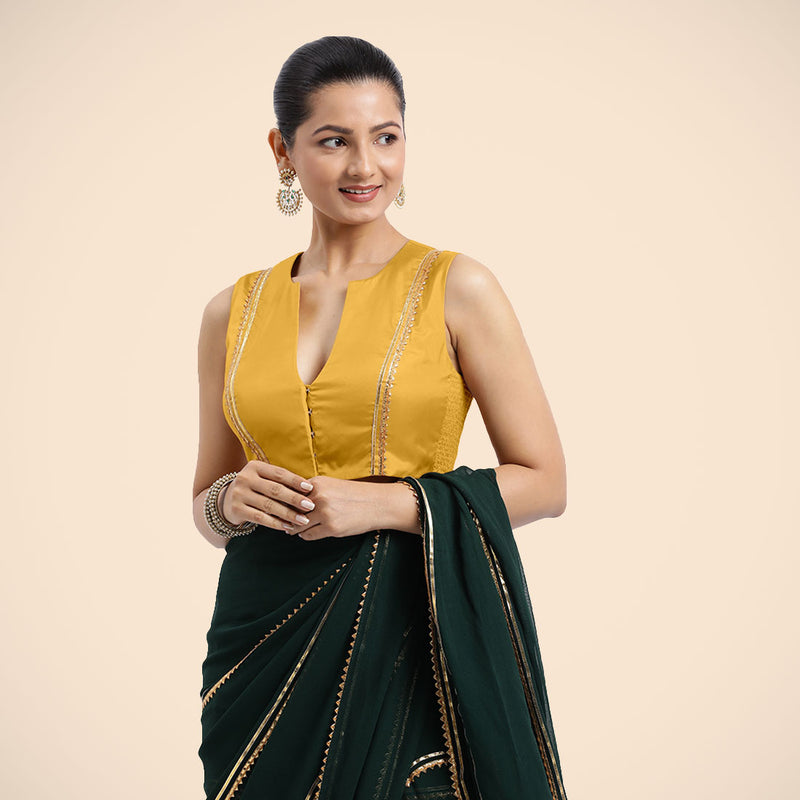 Veena x Tyohaar | Sleeveless Marigold Yellow FlexiFit™ Gota Embellished Saree Blouse with Curved V-Neck-Binks